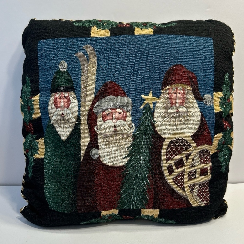 Tapestry 3 Santa Christmas Accent Pillow 15" Square Braid Edges Old World Style